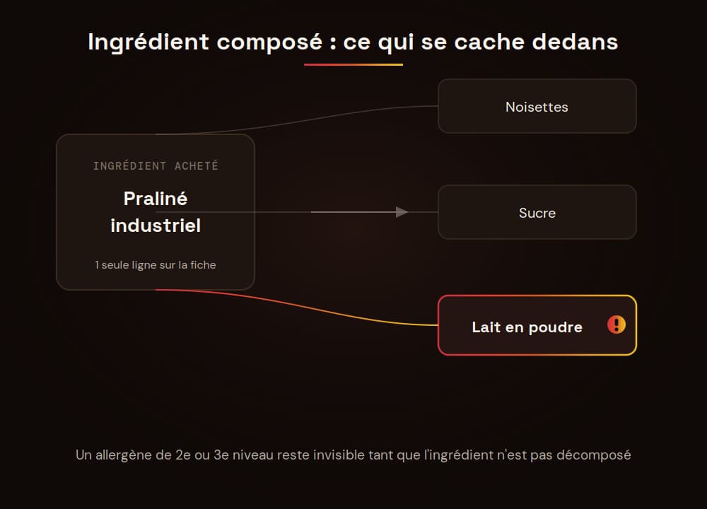 ChefBase diagram: industrial praline paste broken down into hazelnuts, sugar and milk powder, hidden allergen highlighted