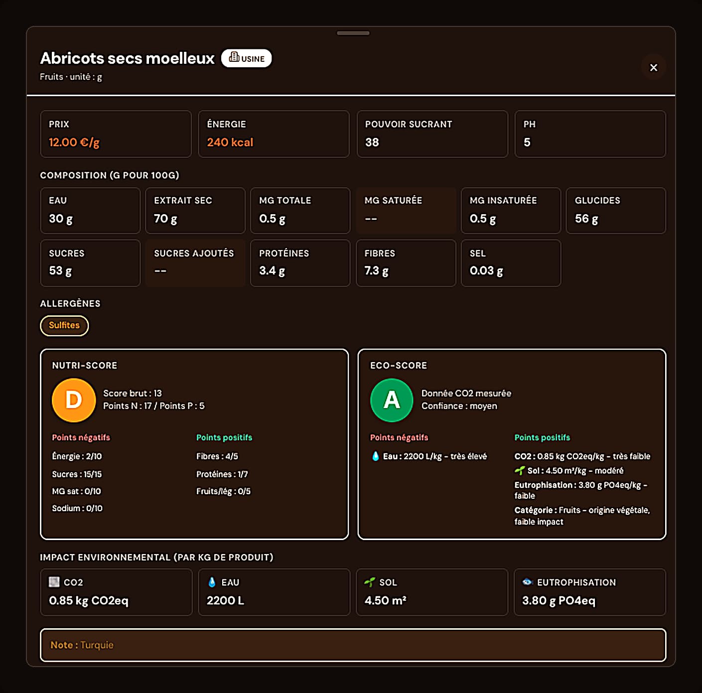 Ingredient sheet with allergens, Nutri-Score and Eco-score
