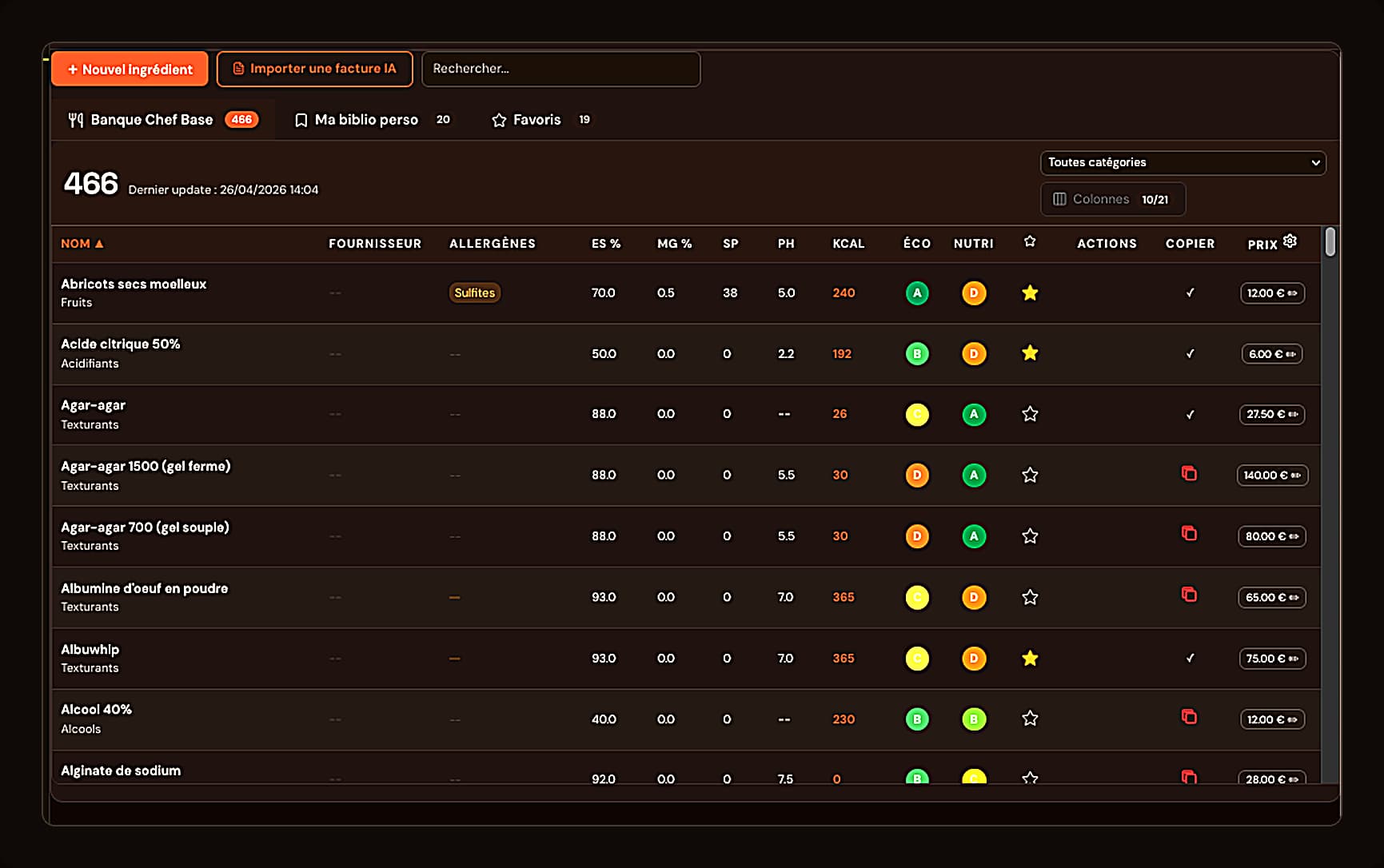 Ingredient database with prices and nutritional data in ChefBase