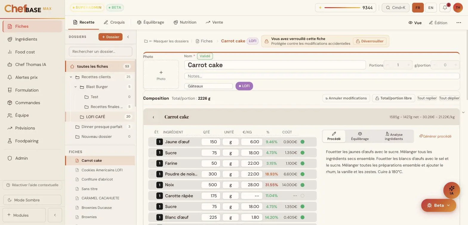 Interface ChefBase : fiche technique de tarte citron avec food cost et copilot IA