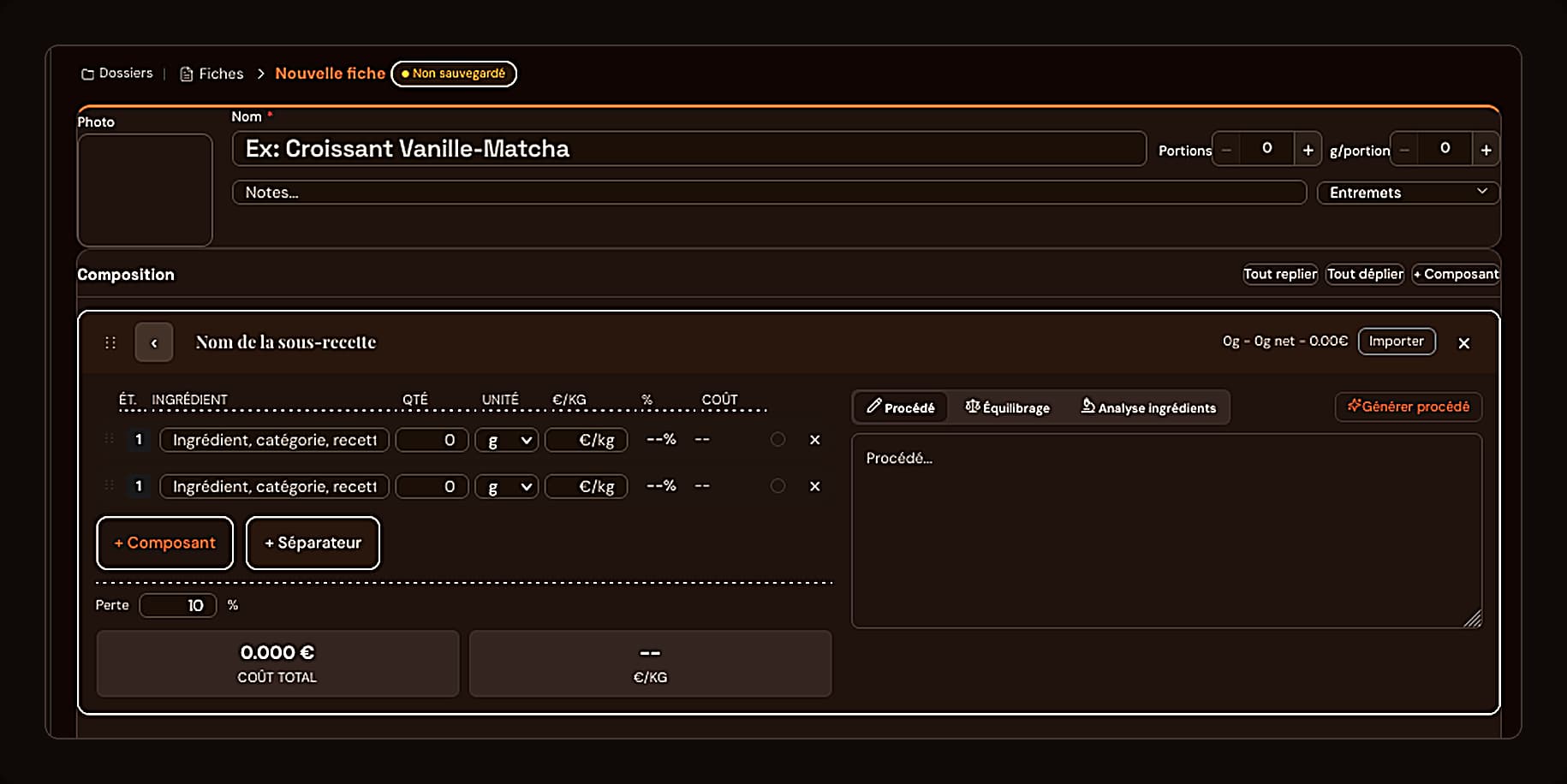 Entering recipe composition in ChefBase