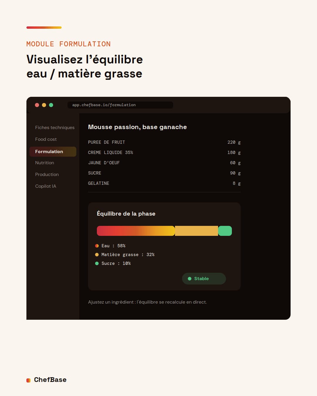 Module Formulation ChefBase : visualiser l equilibre eau matiere grasse d une recette