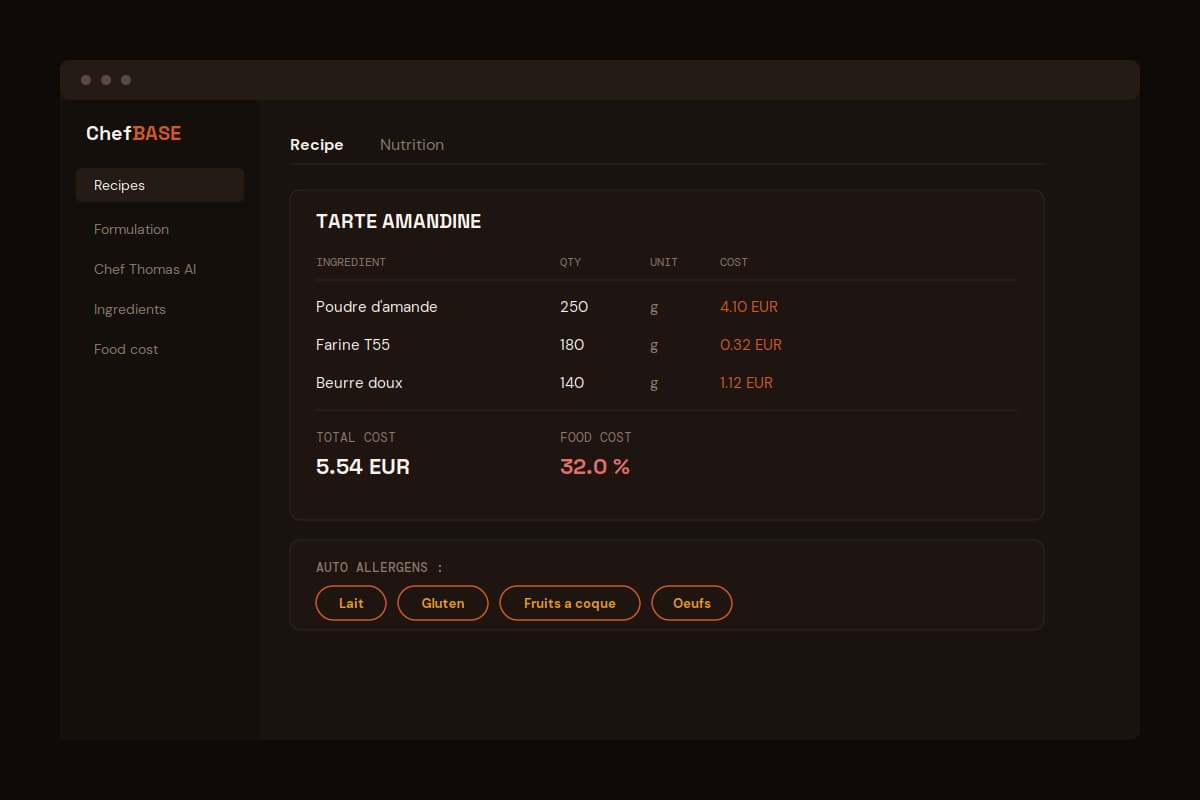 ChefBase technical sheet with allergens automatically aggregated by ingredient
