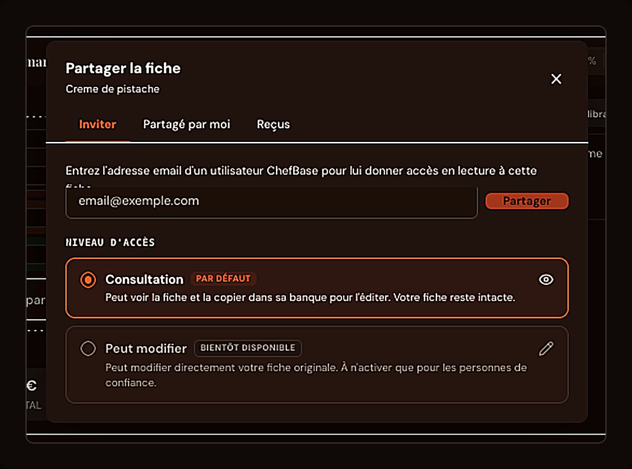 Sharing a recipe card in view-only mode in ChefBase