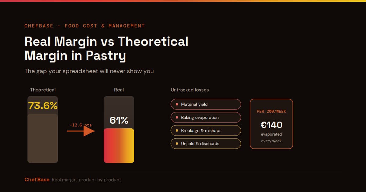 Comparison of 73.6% theoretical margin vs 61% real margin in pastry