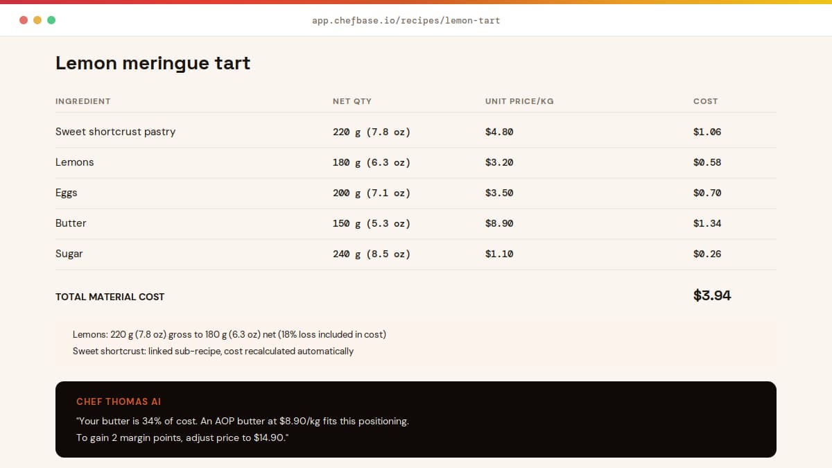 ChefBase interface showing a lemon meringue tart recipe card with food cost and AI copilot suggestion